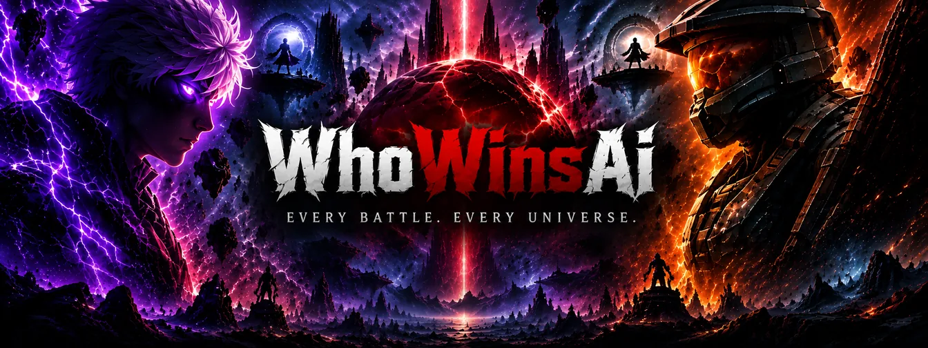 WhoWinsAI — a purple-lit fighter and an armoured warrior face each other across a cracked world, the site name between them