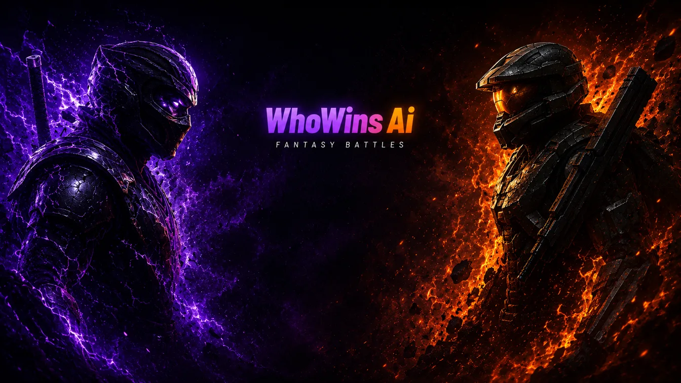 WhoWins AI — two armored warriors face off, one wreathed in purple energy and one in orange fire